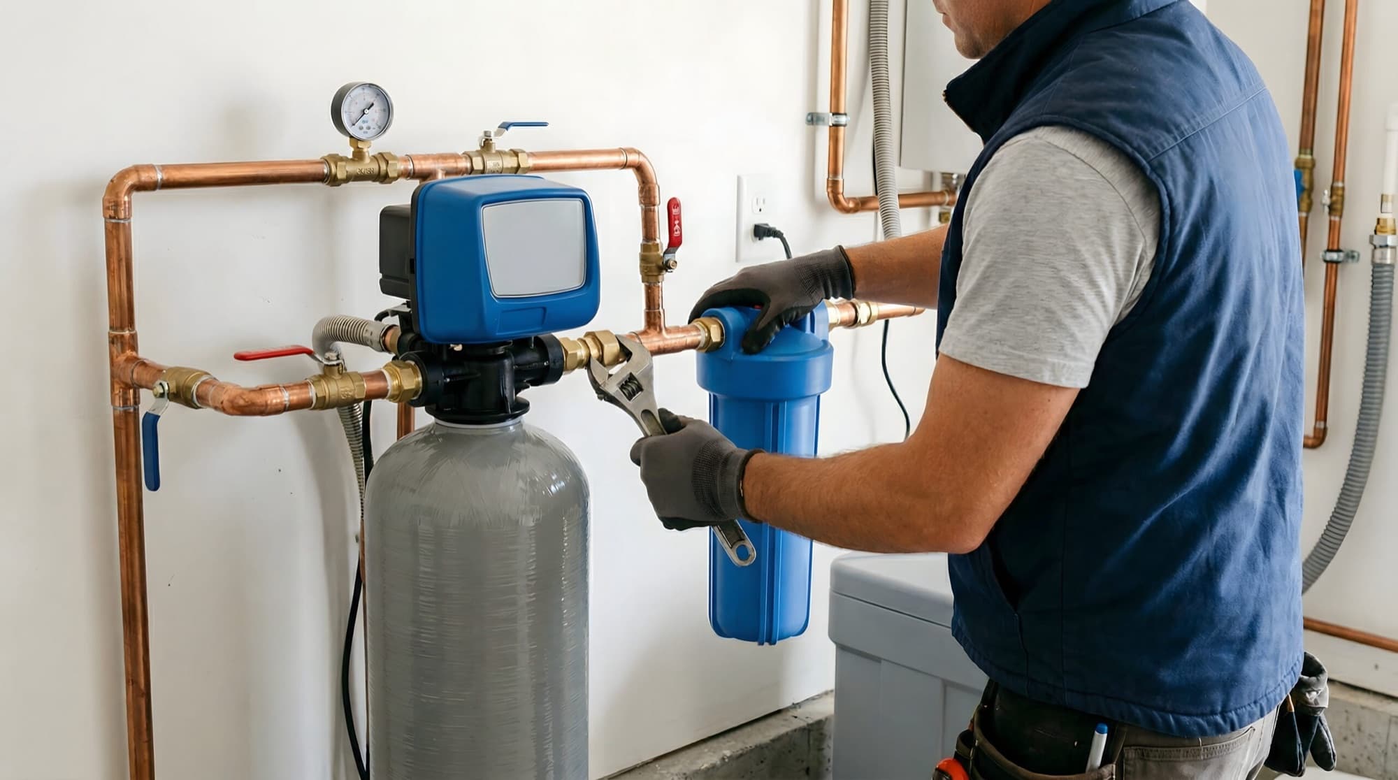 Plumber tightening a whole-house water filter housing on copper supply lines