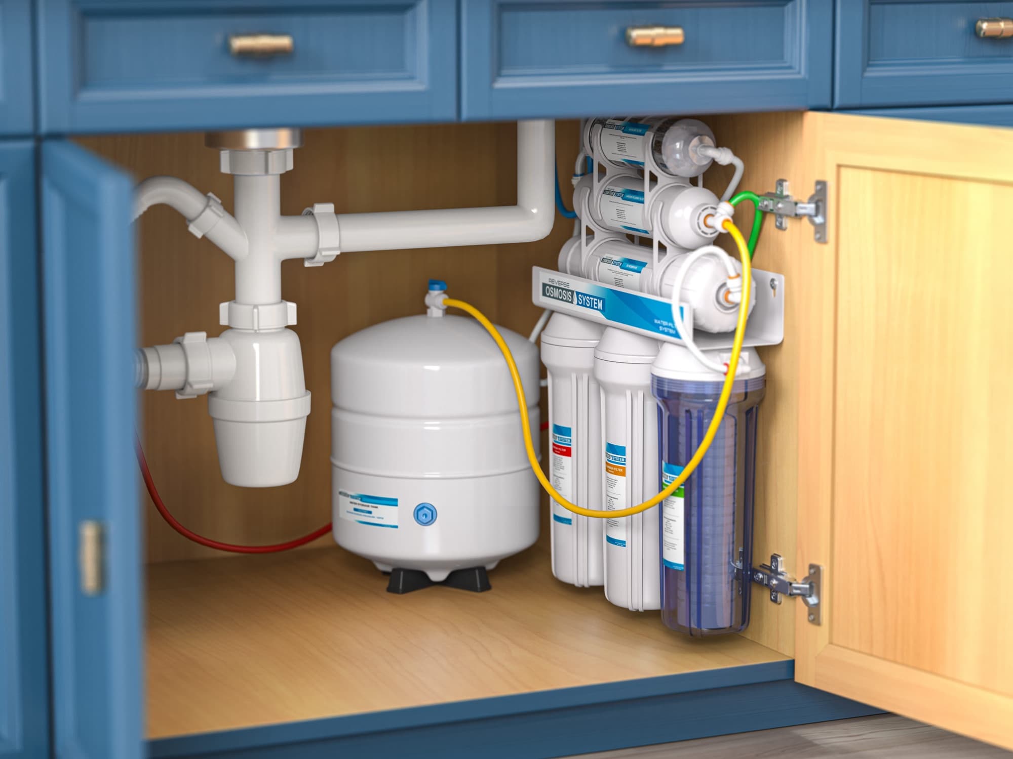 Reverse osmosis water filtration system installed under a kitchen sink
