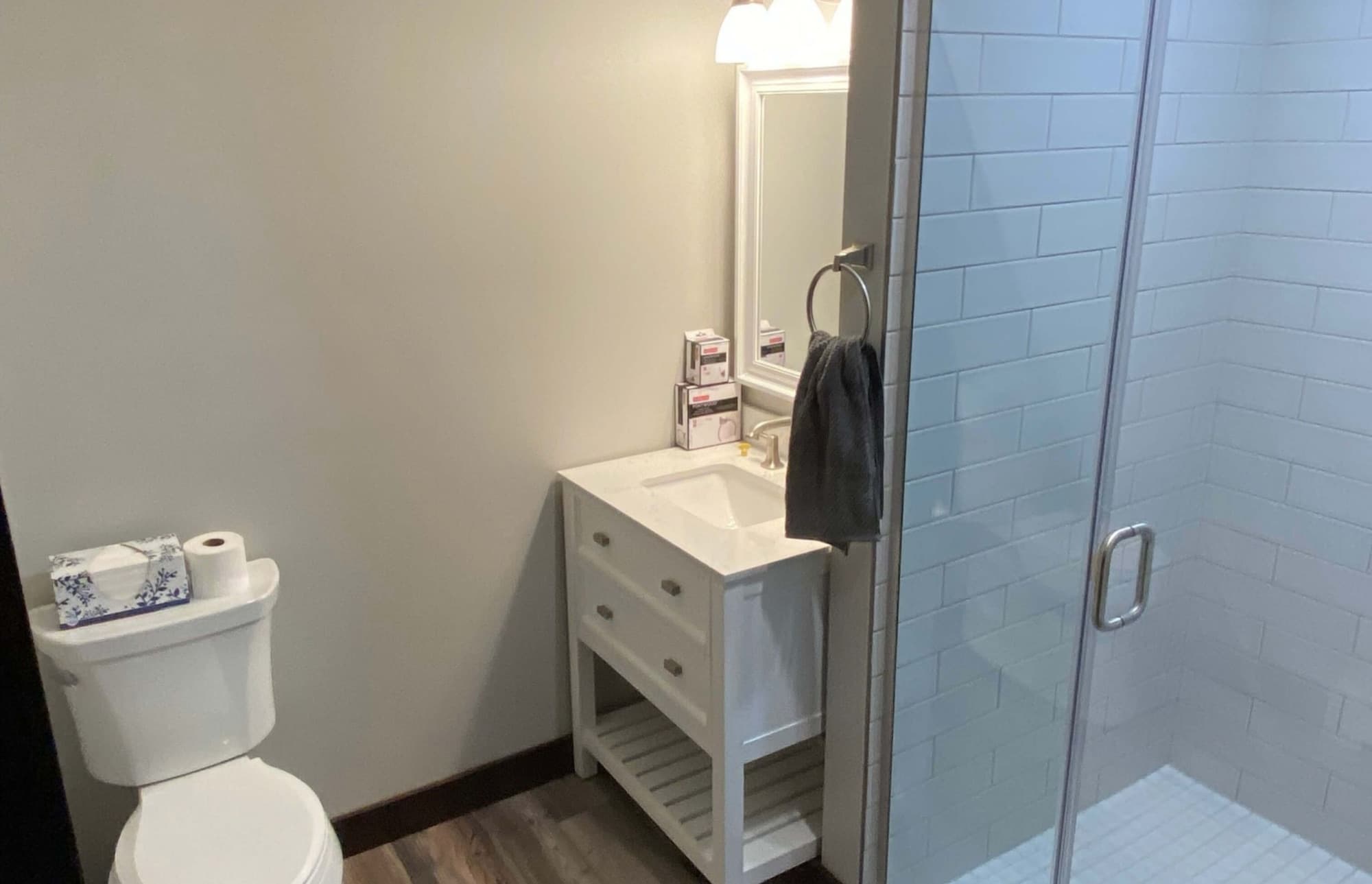 Finished bathroom addition with vanity and shower
